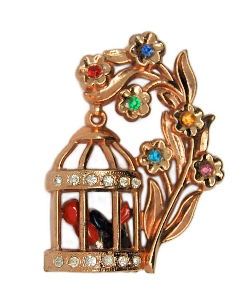 Block Floral Branch Birdcage Red Bird Vintage Figural Costume Brooch
