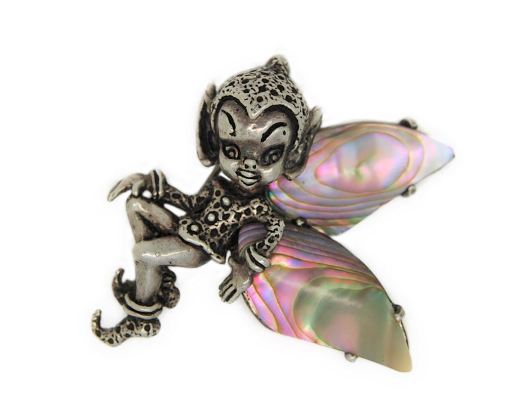 Cassini Cyvra Winged Elf Fairy MOP Vintage Sterling Figural Pin Brooch