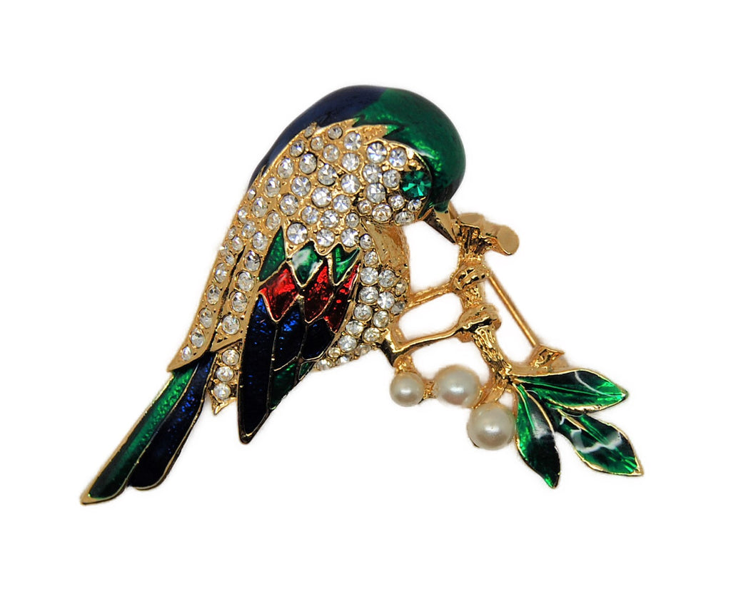 D'Orlan Bird on Branch Enamel 14kgp Rhinestones Vintage Figural Brooch