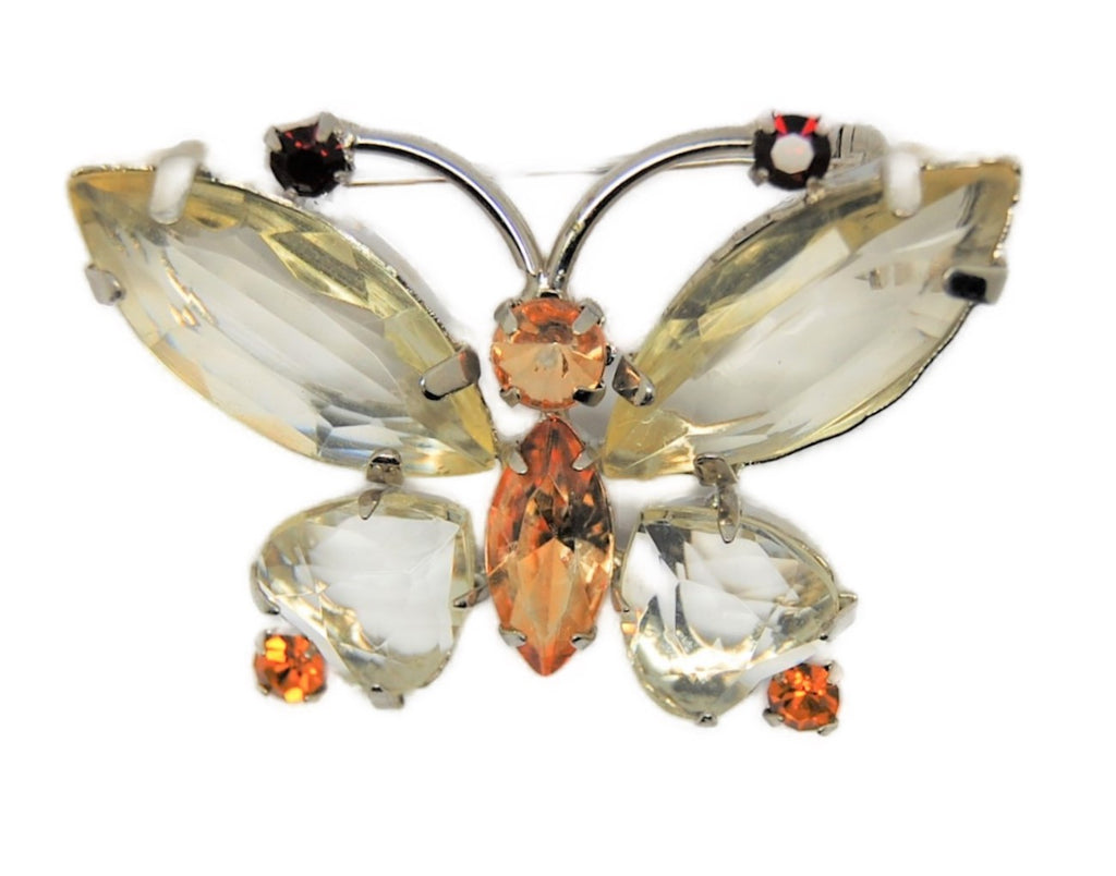 Butterfly Transparent & Amber Stones Vintage Figural Pin Brooch
