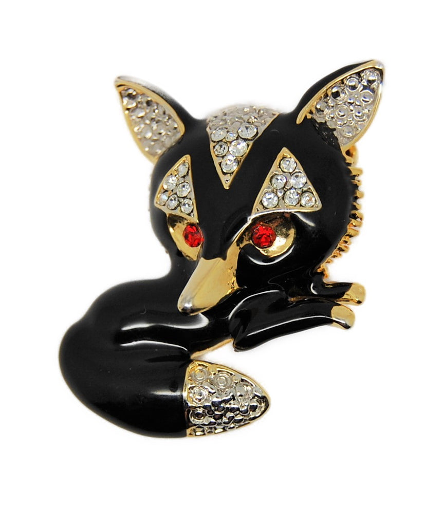 Adorable Black Flow Enamel Fox Vintage Figural Pin Brooch