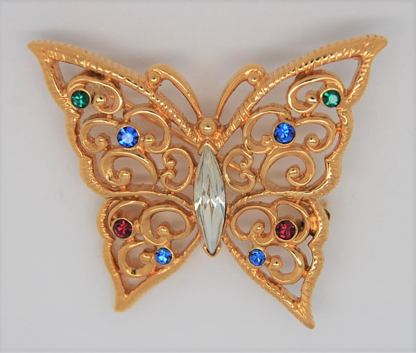 Monet Butterfly Gold Tone Rhinestones Vintage Figural Pin Brooch