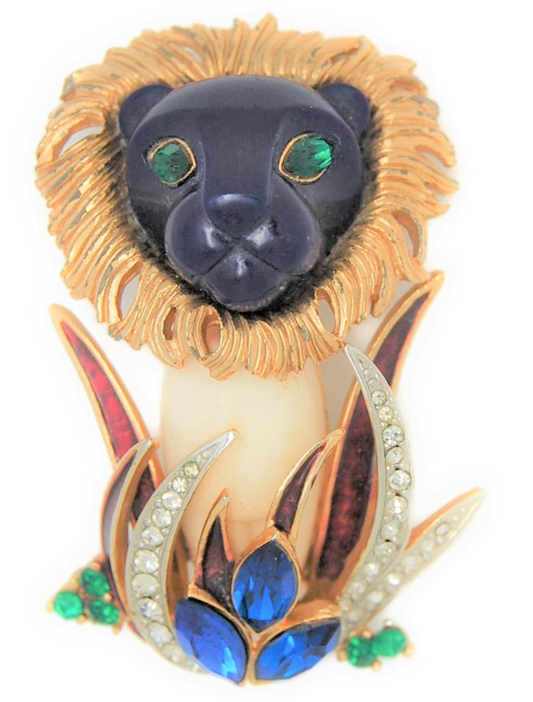 Carnegie Lion in the Grass Royal Blue & Cream Vintage Figural Pin Brooch