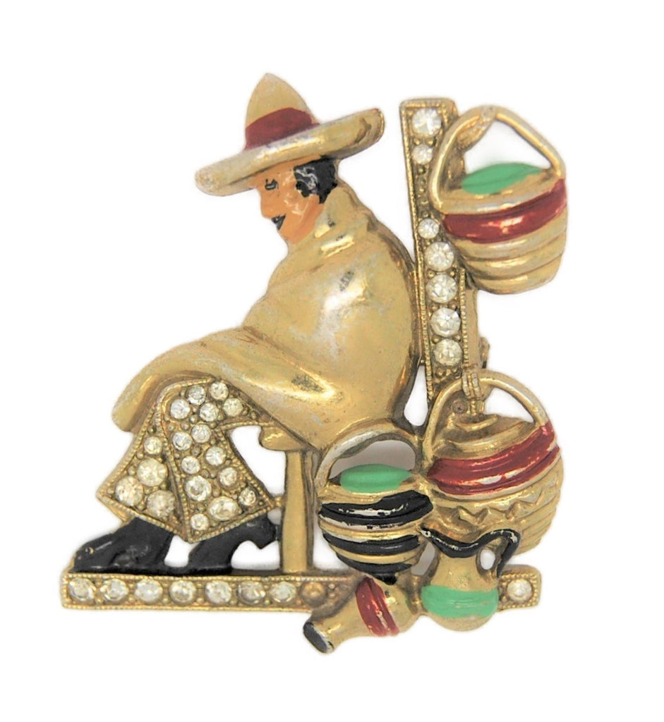 Bauman Massa Mexican Pot Seller Vintage Figural Pin Brooch - 1940s