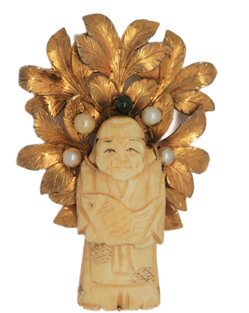 Hobe Ming Asian Carved Fish Seller 12kg Vintage Figural Pin  Brooch - 1965