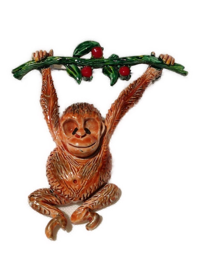 Hollycraft Branch Playful Swinging Monkey Vintage Figural Brooch Pin