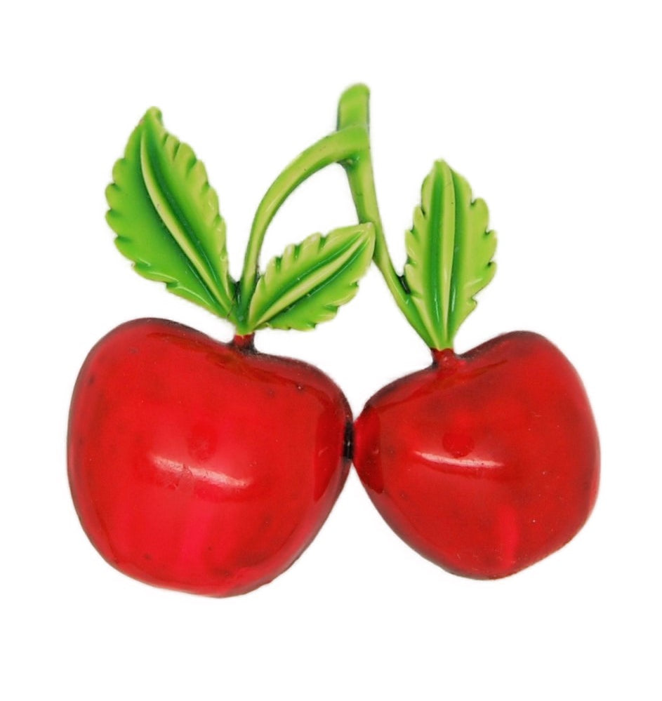 JJ Cherries on the Stem Enamel Vintage Figural Costume Pin Brooch