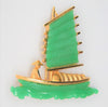 Carnegie Oriental Junk Boat Jade Green Vintage Figural Pin Brooch 1950s