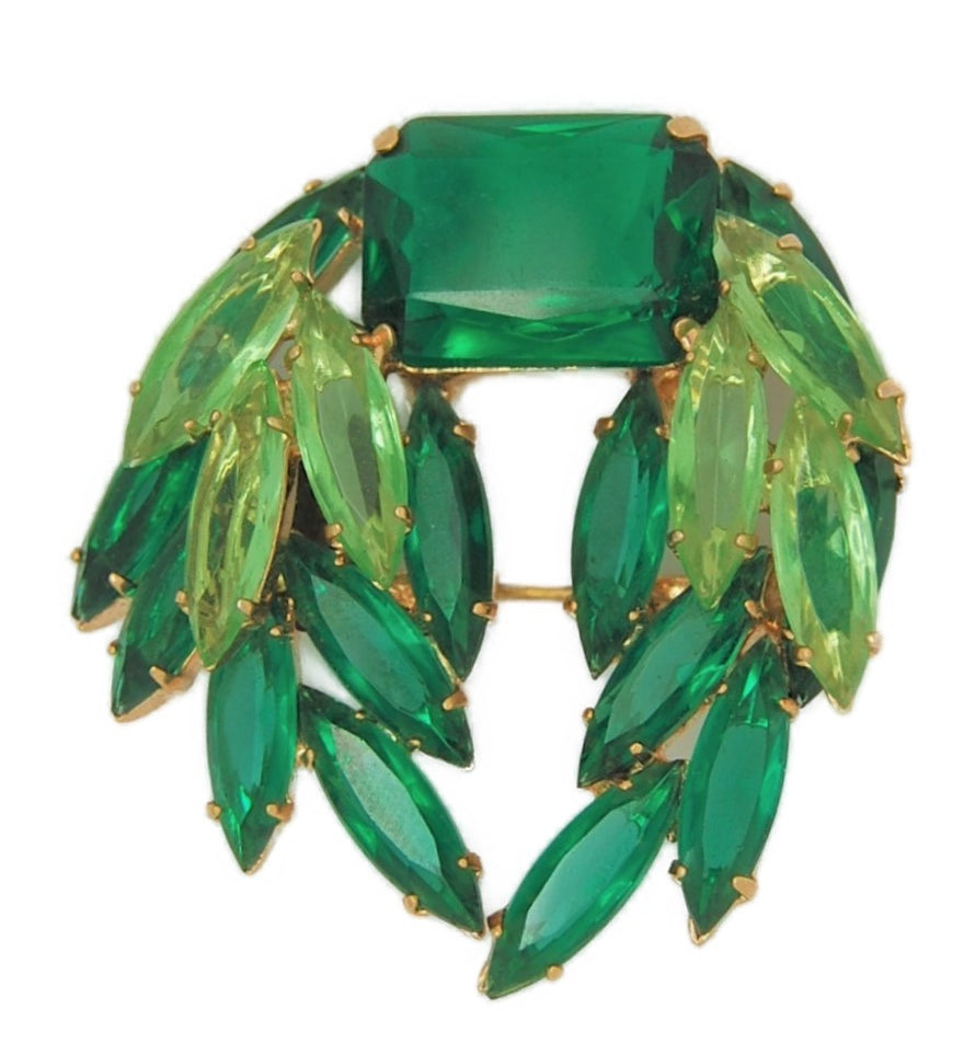 Kramer Luscious Greens Navette Stones Vintage Costume Pin Brooch