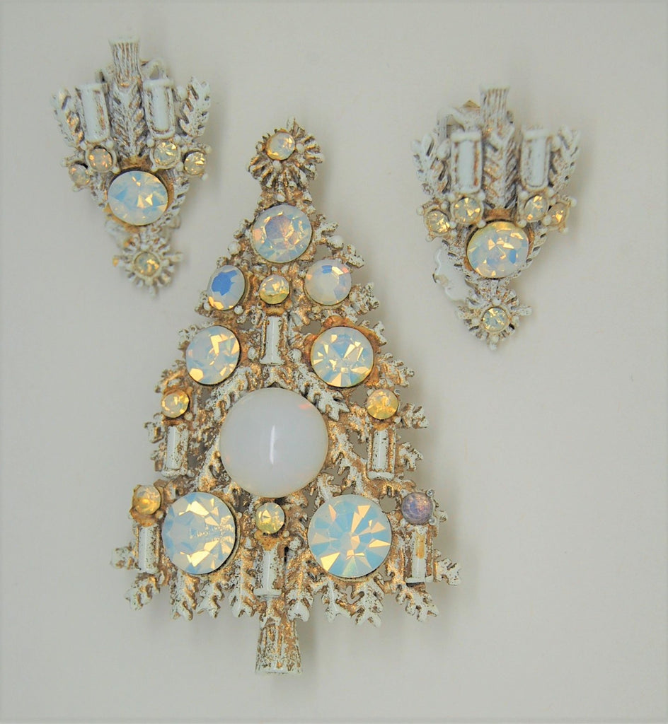 Hollycraft Christmas Candle White Opal Holiday Tree Figural Brooch & Earrings