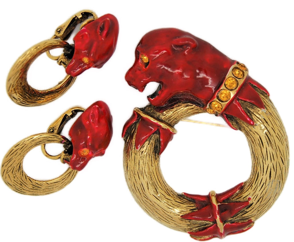 Richelieu Panther Lion Leopard Vintage Brooch with Matching Figural Earrings