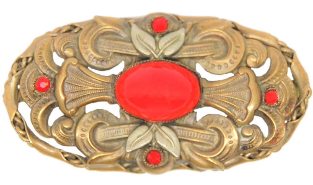 Arts & Crafts Rolled Chain Embossed Orange Stone Vintage Brooch