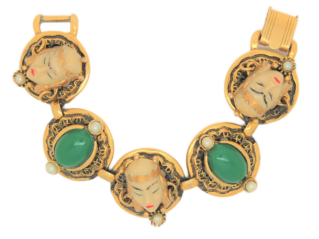 Selro Asian Princess Mask & Jade Cabs 5 Panel Vintage Figural Bracelet