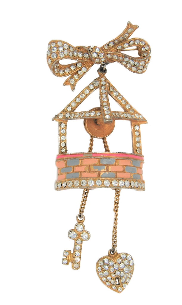 Staret Wishing Well Enamel Pave Rhinestones Mechanical Vintage Figural Brooch 1930s