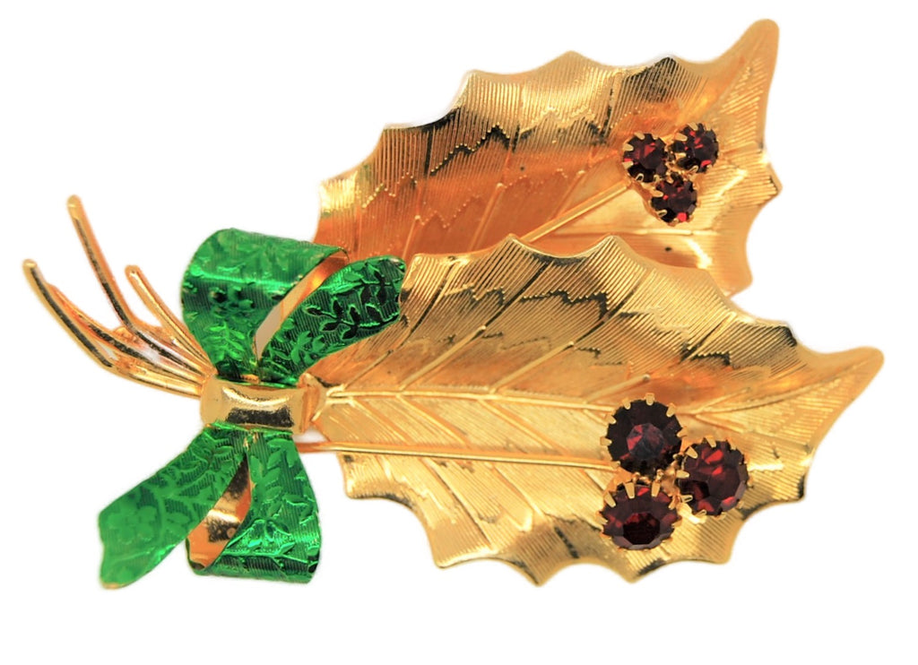 St Labre Christmas Holly Bow and Berries Vintage Figural Brooch