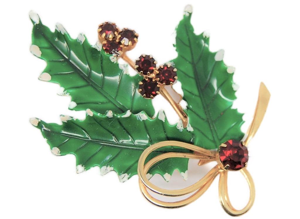 St Labre Christmas Holly Berries & Bow Enamel Figural Vintage Brooch