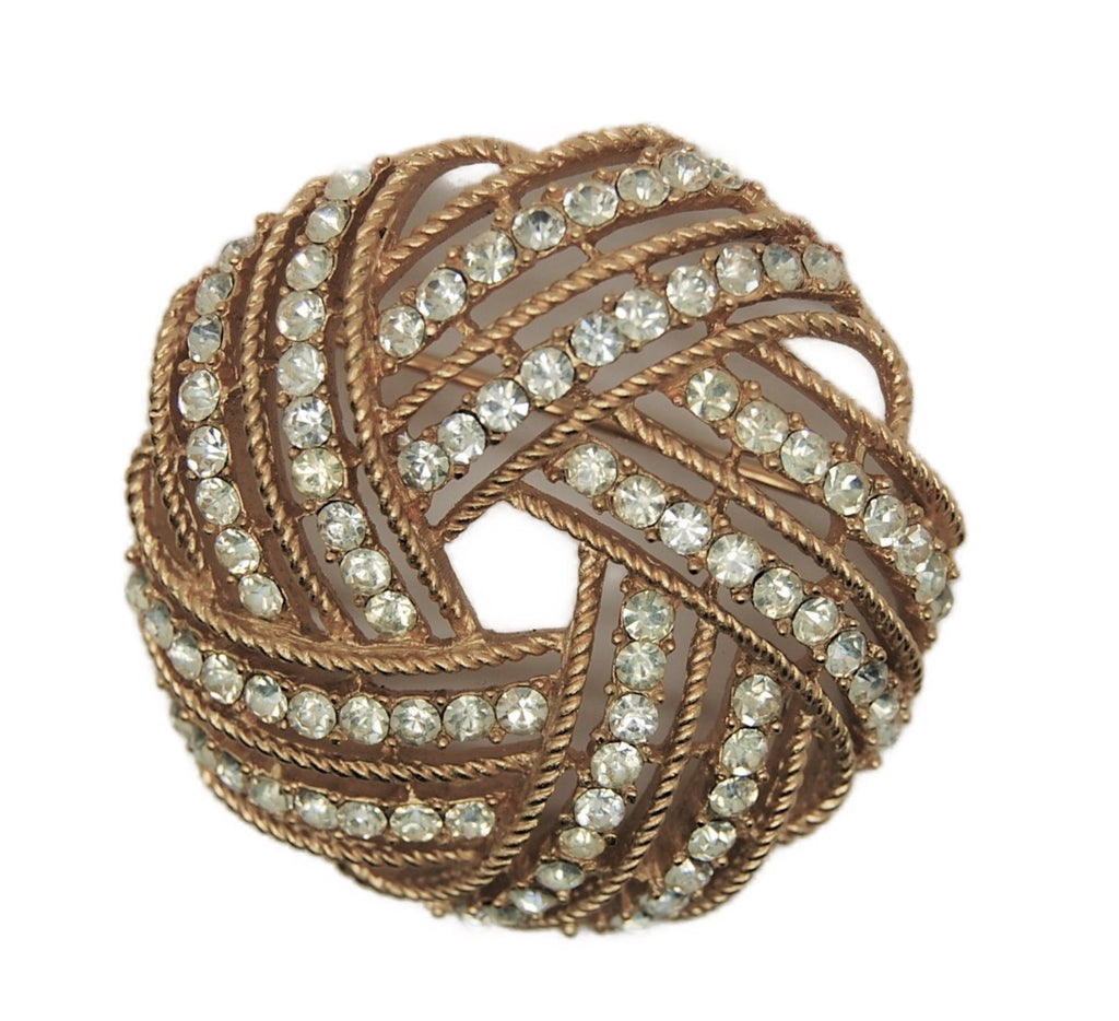 Trifari Rhinestone Love Knot Ribbon Gold Tone Pin Brooch