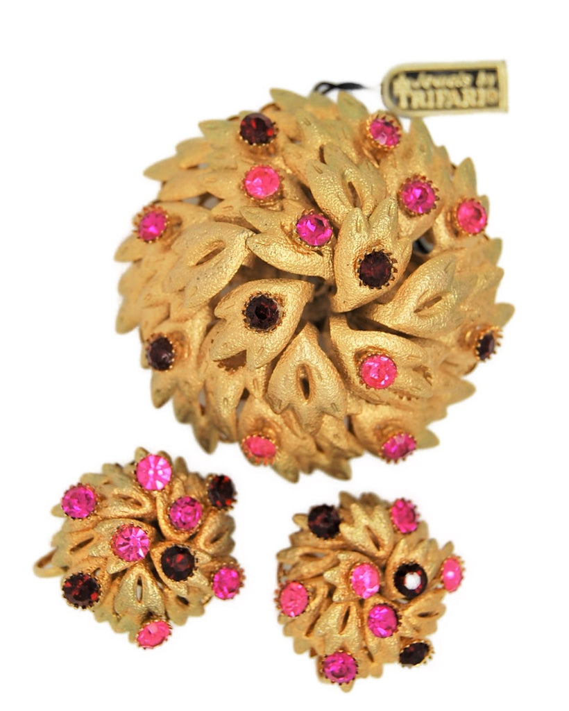 Trifari Gold Tone Floral Leaves Dome Vintage Brooch & Matching Earrings Demi