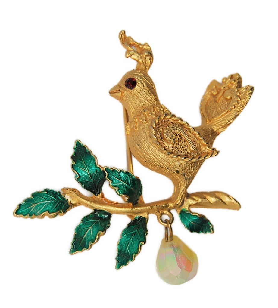 Mylu Christmas Partridge & Pear Pin Figural Brooch - 1950s