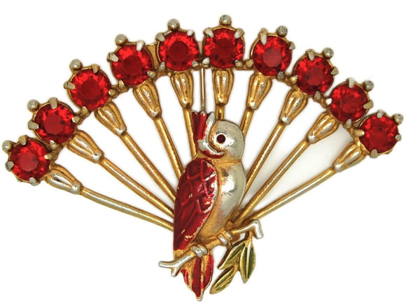 Art Deco Parrot Vintage Prong-Set Ruby Red Stones Figural Pin Brooch
