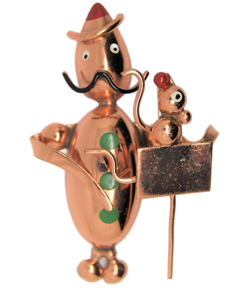 Art Deco Copper Lampl Organ Grinder Tiny Monkey Figural Pin Brooch - 1950s