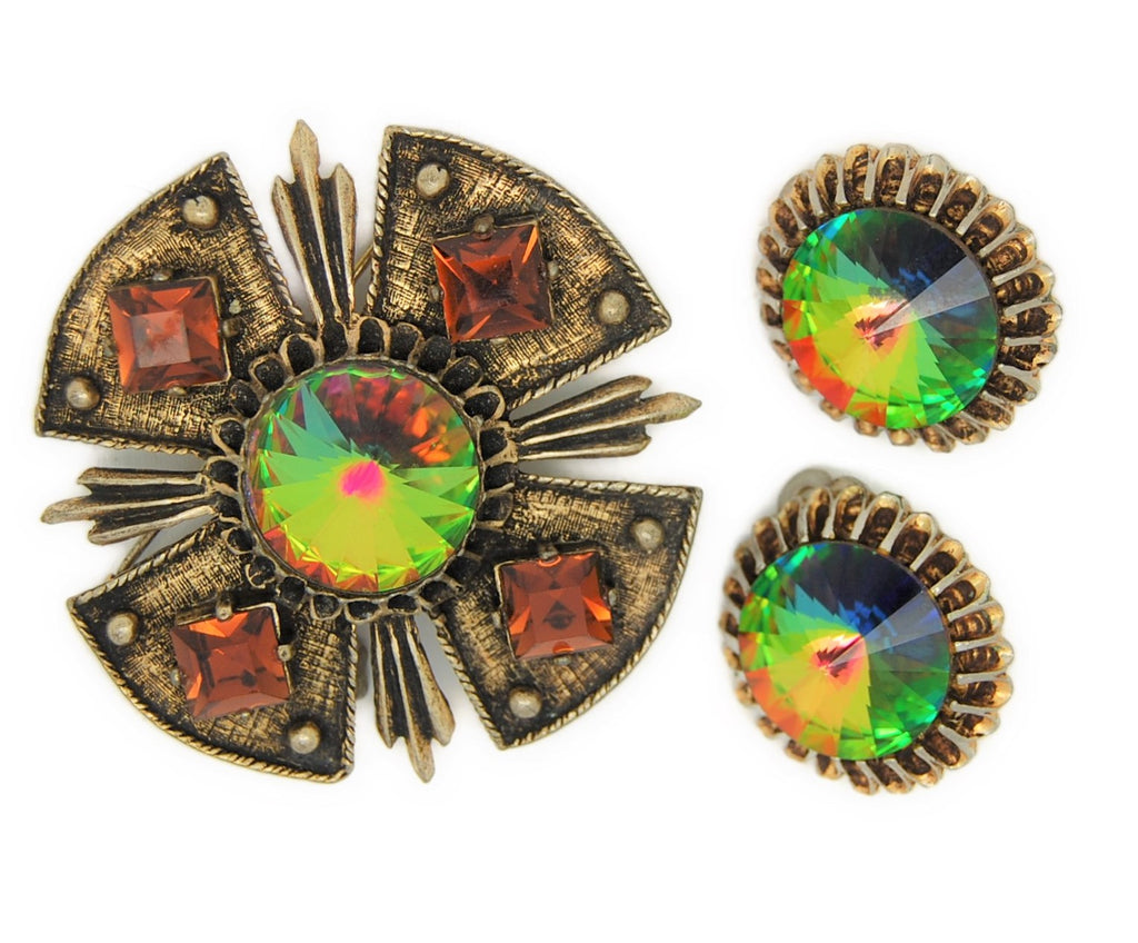 Dodds Watermelon Rivoli Maltese Vintage Figural Brooch &amp; Earring Set