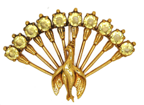 Art Deco Peacock Vintage Prong-Set Golden Topaz Stones Figural Pin Brooch