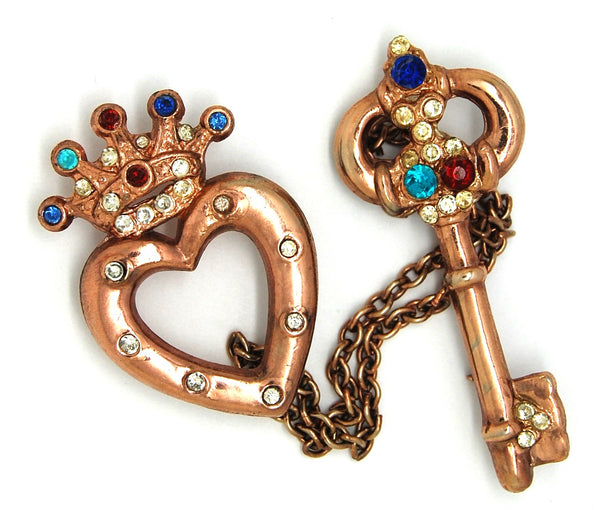 Longcraft Copper & Rhinestone Crown Heart & Key Vintage Figural Chatelaine Brooch Set