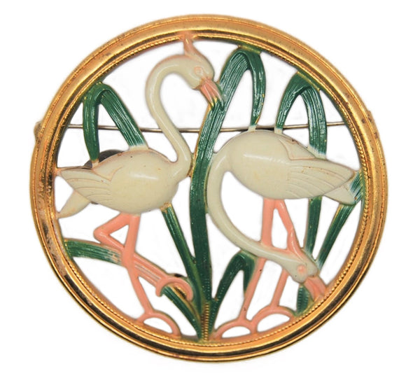 Coro Flamingos in Reeds Circle Unsigned Vintage Figural Brooch