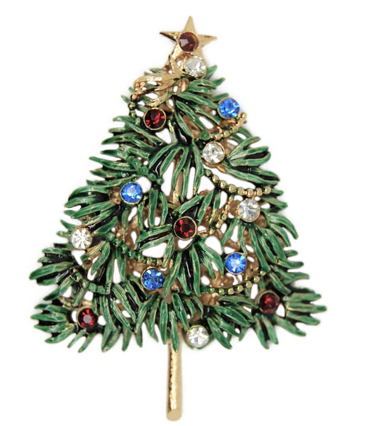 Christmas Tree Dimensional Garland Enamel and Rhinestone Vintage Figural Brooch