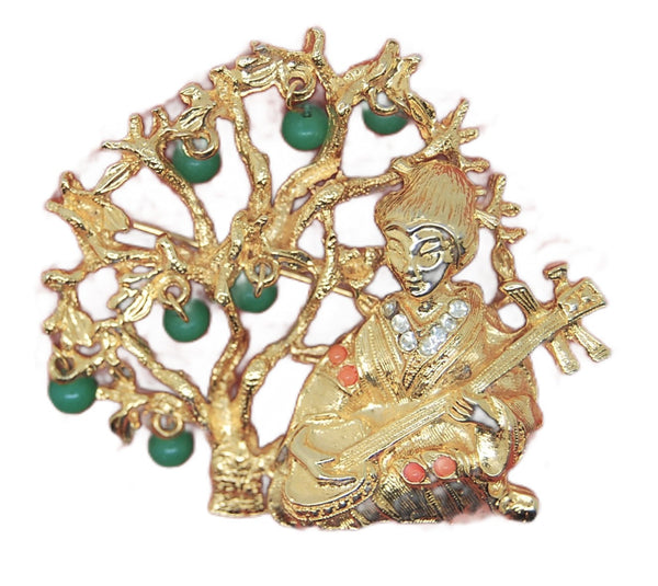 ART Geisha Shamisen Jade & Coral Vintage Costume Figural Pin Brooch - HTF