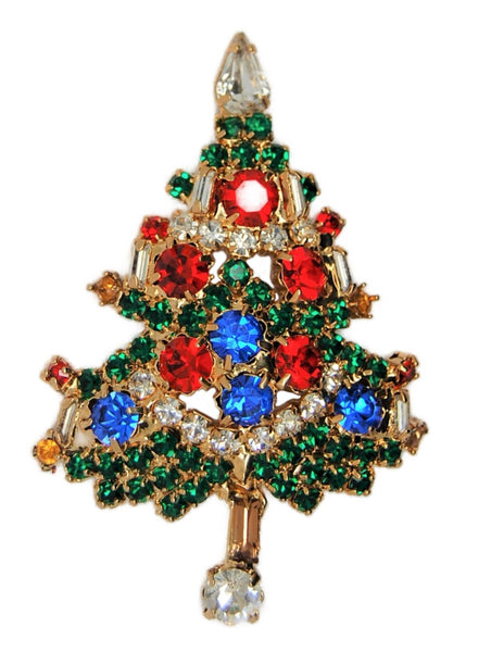 Christmas Multi-Color Rhinestone Classic Candle Tree Figural Pin Brooch 1990s