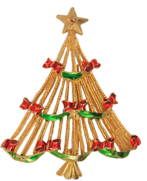 Christmas Ribbon Bow Tree Book Piece Figural Brooch - dates 1980s