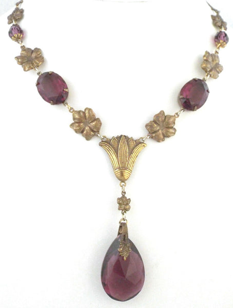 Czech Amethyst Purple Drop Gold Plated Vintage Necklace 1930s
