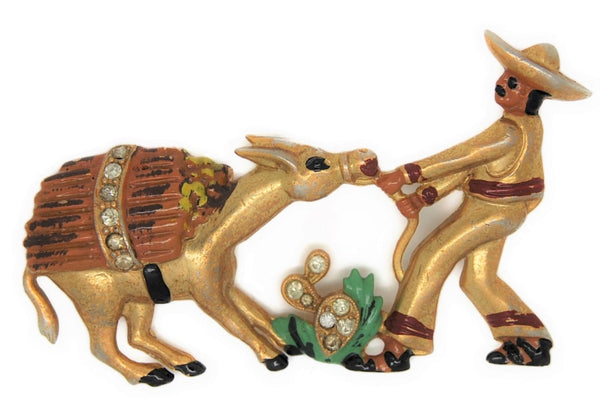Bauman Massa Mexican & His Stubborn Mule Vintage Figural Costume Brooch