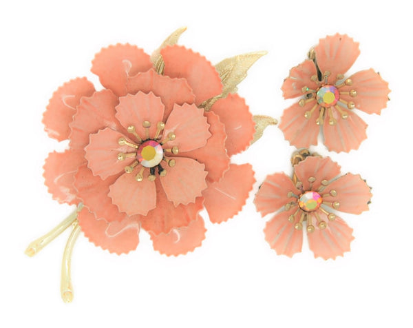 Coro Baby Pink Massive Floral Vintage Figural Brooch & Earrings Set