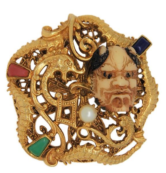 Carnegie Noh Theater Mask Dragons Vintage Figural Costume Brooch