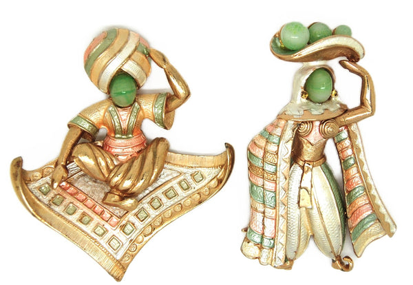 Marvella Arabian Aladdin Magic Carpet Scheherazade Vintage Figural Brooch Set - Mint