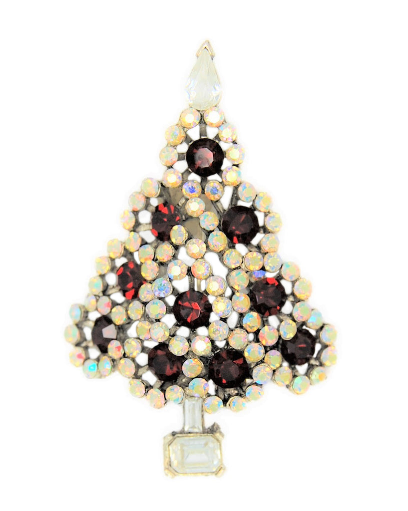 Lisner AB Sparklers & Ruby Red Ornaments Christmas Tree Vintage Figural Brooch