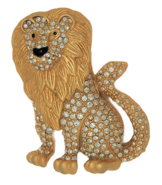 Carnegie Gold Tone Rhinestone Pave Lion Vintage Figural Pin Brooch