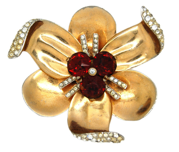 Reja Ruby Red Glass Stone Gold Plate Massive Floral Vintage Figural Pin Brooch