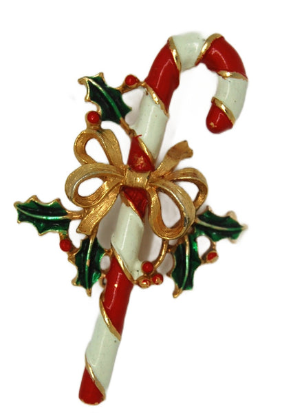 ART Red & White Candy Cane Holly Ribbon Christmas Vintage Figural Brooch