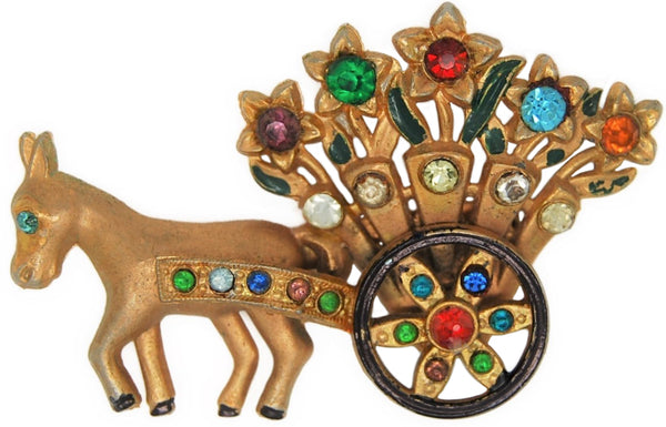 Longcraft Donkey Pulling Flower Wagon Cart Vintage Figural Costume Brooch