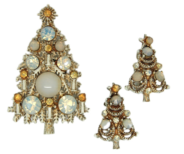 Hollycraft Christmas White Opal Candle Tree Figural Brooch & Earrings Set