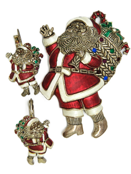 Christmas Santa High-End Enamel Vintage Figural Pin Brooch& Earring Set