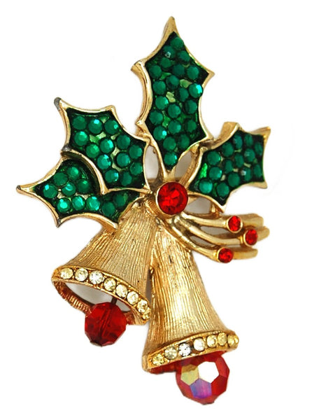 Weiss Christmas Bells Gold Tone Holiday Holly Vintage Figural Brooch