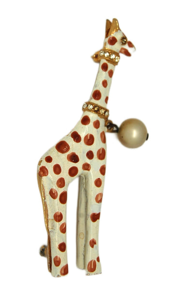Crislu Adorable Circus Giraffe Rhinestone Pearl Collar Vintage Figural Brooch