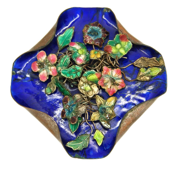 Antique Royal Blue Enameled Sterling Dimensional Cut Flowers & Leaves Pin Brooch