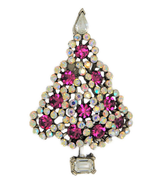 Lisner AB Purplish & Stunning Pink Ornaments Christmas Tree Vintage Figural Brooch