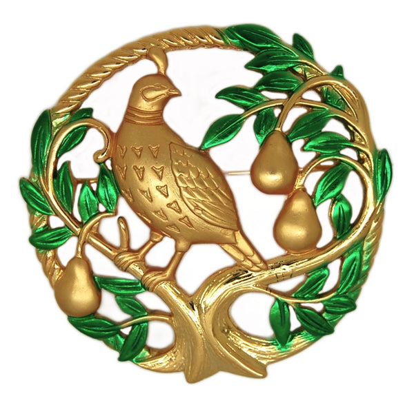 JJ Jonette Partridge Pear Tree Gold Tone Circle Frame Vintage Figural Brooch
